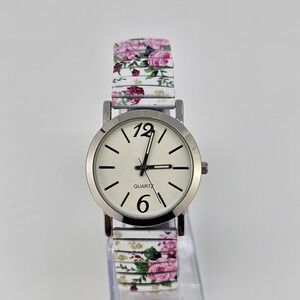 32MM Women's Watch Cream Dial Flowers Stretch Band 5.5" New Battery